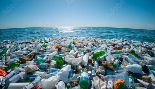 Planet pollution represented by floating bottles and trash in the ocean sea
