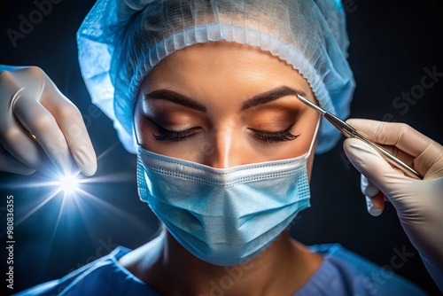 Close-up of a surgeon's skilled hands performing delicate eyelid surgery, tweezers and scalpel in use, spotlight photo