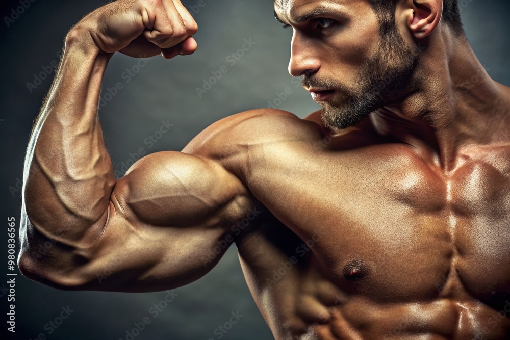 Fototapeta premium Close-up of a toned male arm flexing, showcasing defined biceps and triceps muscles, with a subtle gradient of