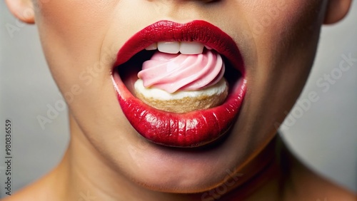 Close-up of a tongue curled inward, lips pursed, and eyebrows raised in concentration as if savoring a sweet