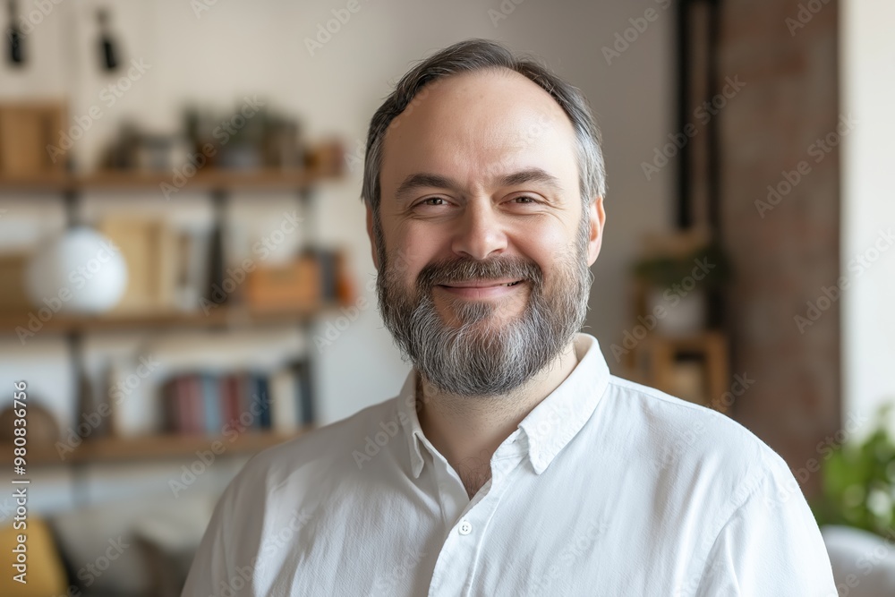 Obraz premium A man with a beard and gray hair is smiling and posing for a picture. He is wearing a white shirt and standing in front of a bookshelf
