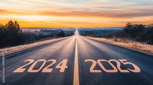 Road leading to 2025 sunset transition, sunset background