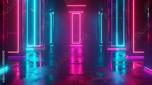 3D technology abstract neon light background, empty space scene, spotlight, dark night, virtual reality, cyber futuristic sci-fi background, street floor studio for mock-up. Colored geometric