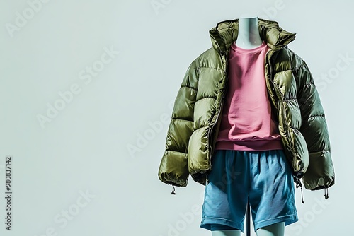 mens hakki hooded jacket and blue sports shorts isolated on white background. fashionable casual wear photo