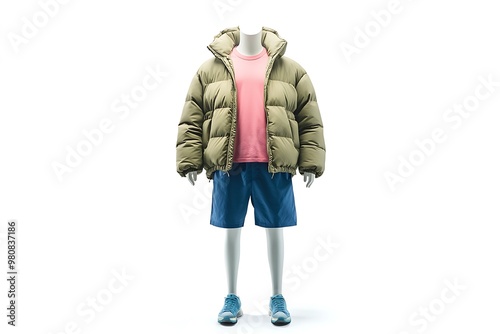 mens hakki hooded jacket and blue sports shorts isolated on white background. fashionable casual wear photo