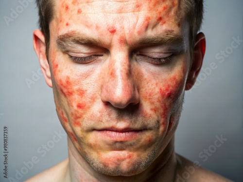 Close-up of irritating red, scaly, and inflamed skin patches on the forehead, cheeks, and chin, characteristic of photo