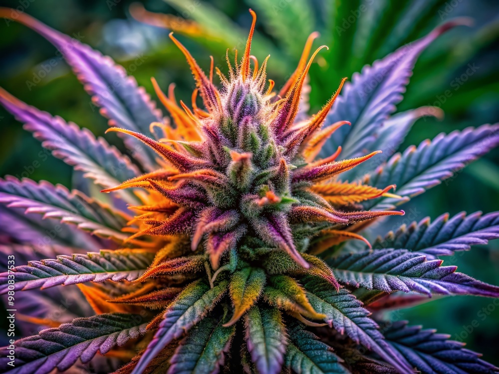 Close-up macro shot of untrimmed medical marijuana flower displaying vibrant purple hue, trichomes, and fiery orange hairs amidst lush green leaves and wispy tendrils. Close-up macro shot of untrimmed medical marijuana flower displaying vibrant purple hue, trichomes, and fiery orange hairs amidst lush green leaves and wispy tendrils.