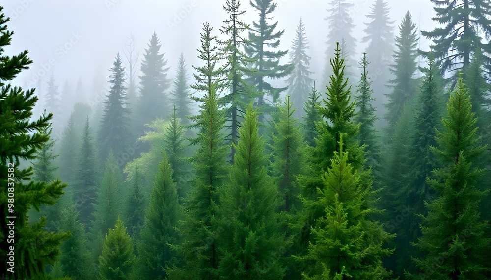 Fototapeta premium A dense forest of tall pine trees in various shades of green, with a misty, foggy background