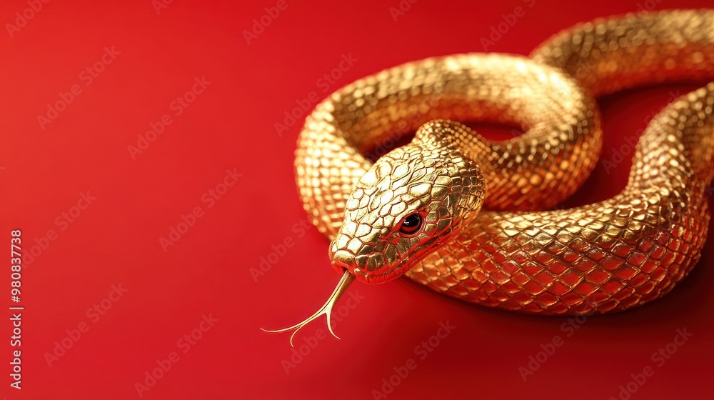 Fototapeta premium Golden snake with detailed scales, red background image.