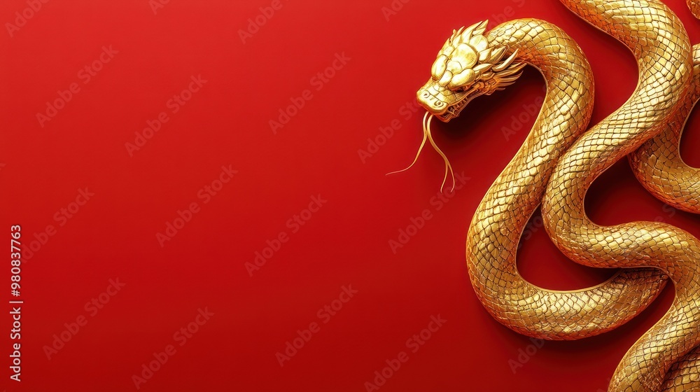 Golden serpent with intricate design on red backdrop. Golden serpent with intricate design on red backdrop.