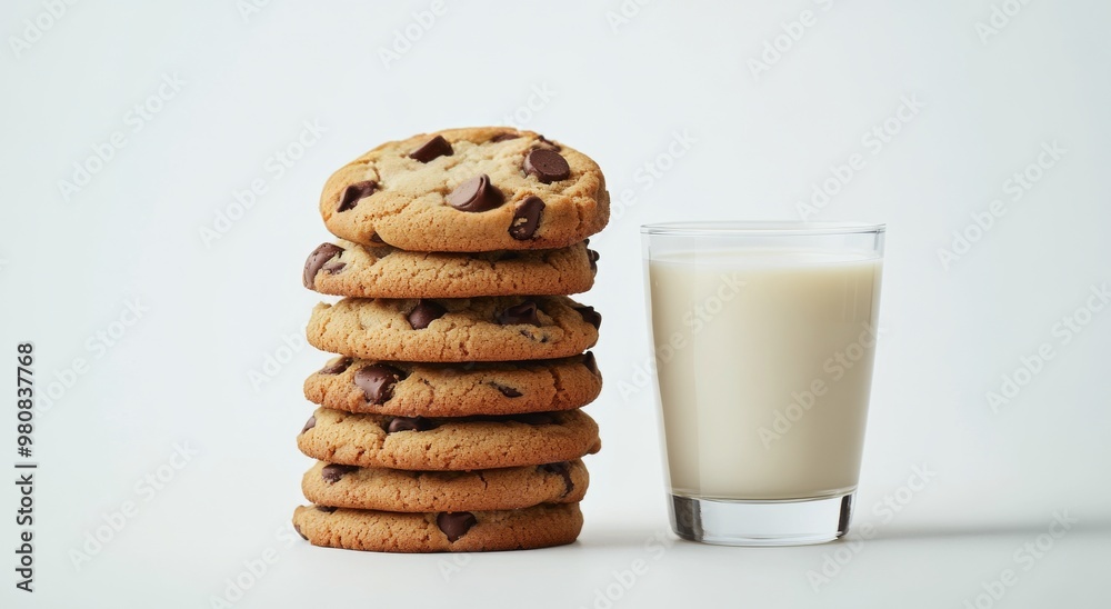 A stack of chocolate chip cookies beside a glass of milk on a bright countertop in a kitchen
