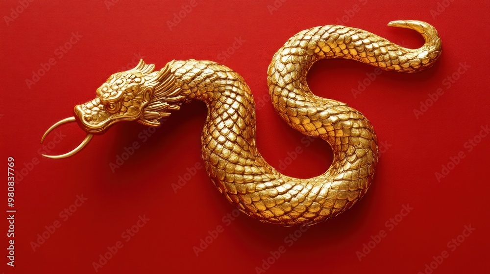 Obraz premium Dragon-head golden snake on red background, stylized.