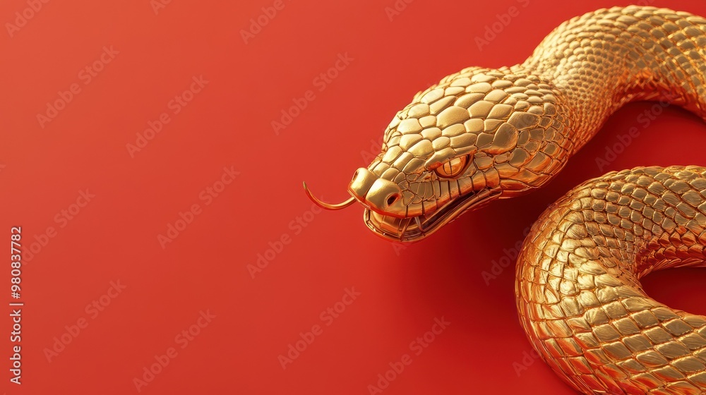Fototapeta premium Golden snake sculpture with red background