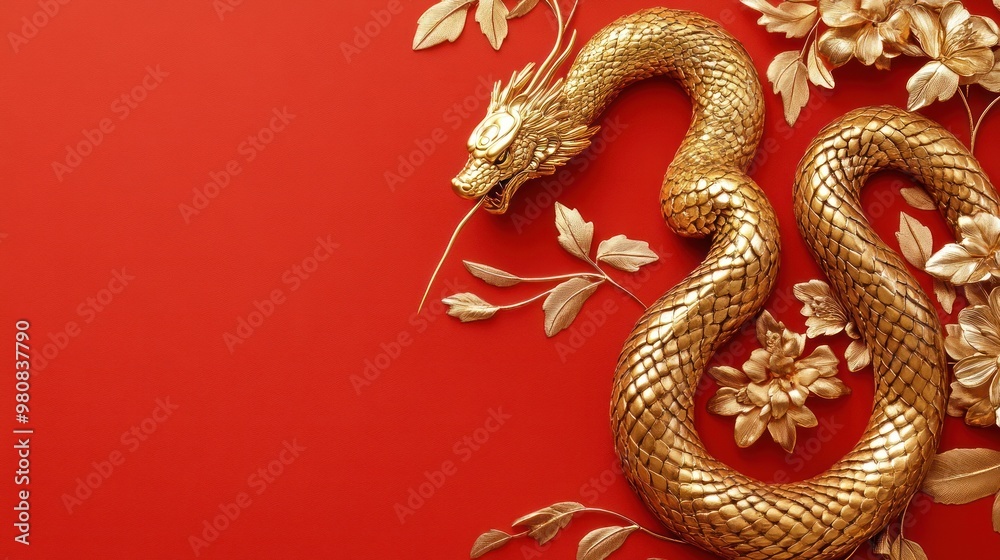 Obraz premium Golden dragon and floral design on red