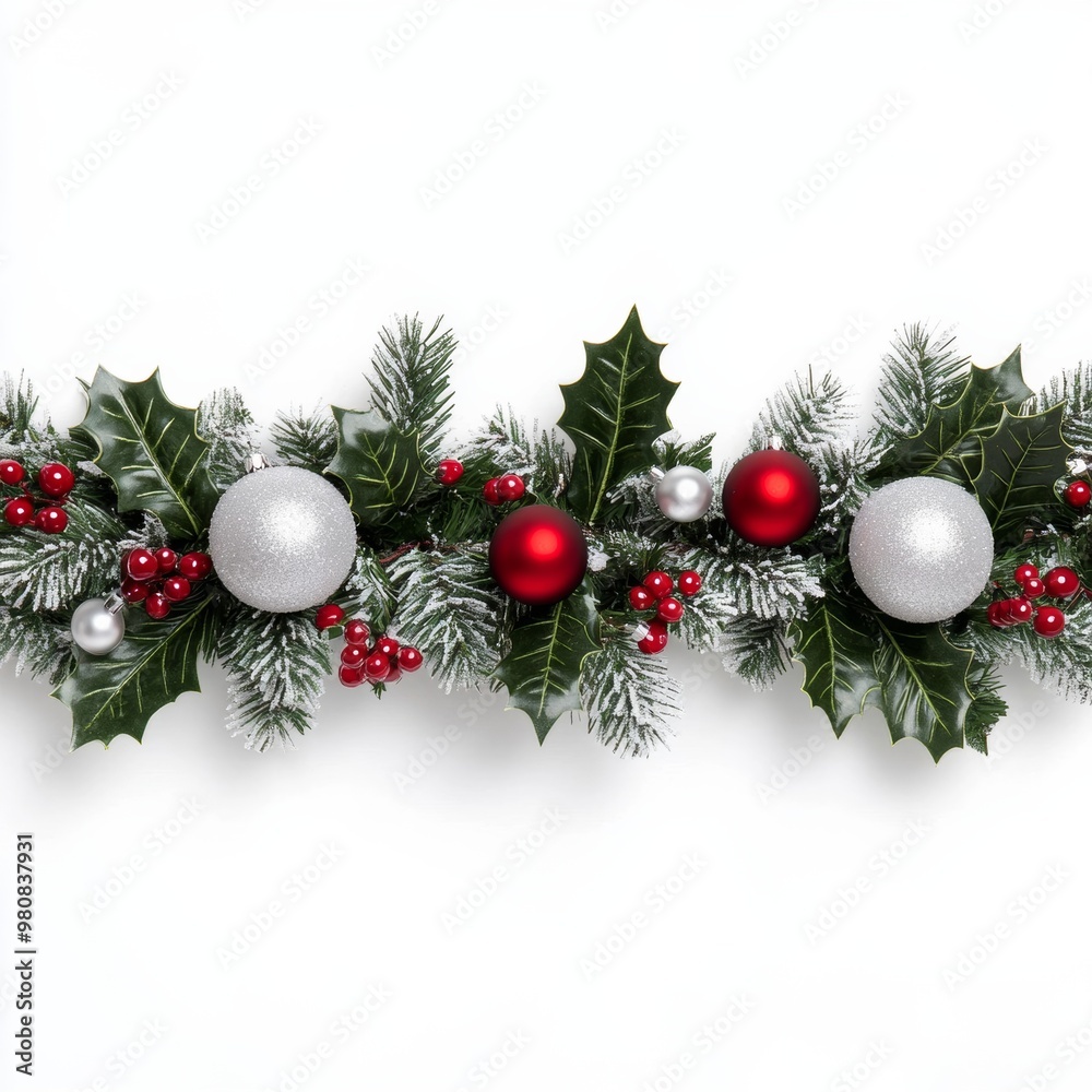 Snow-dusted Christmas garland with frosted holly leaves and silver baubles on a white background Snow-dusted Christmas garland with frosted holly leaves and silver baubles on a white background