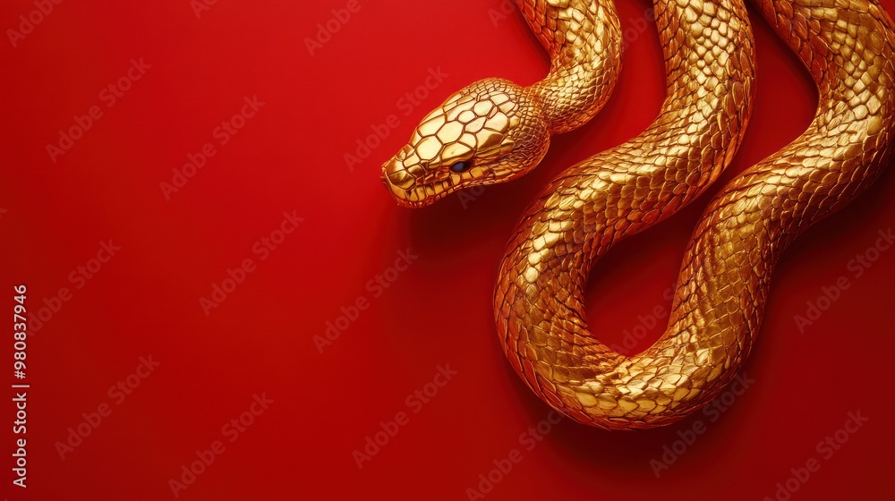 Obraz premium Golden snake slithering on red surface, symbolic art.