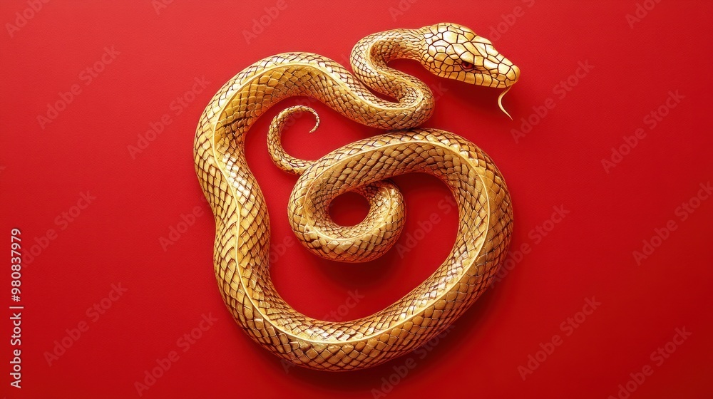 Golden snake intertwined on red, rich and vivid art. Golden snake intertwined on red, rich and vivid art.