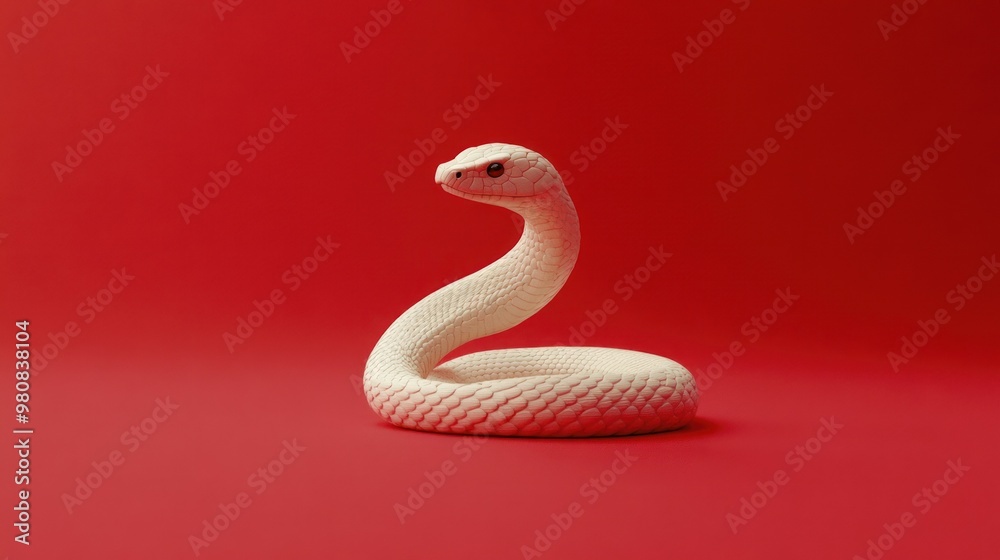 Elegant white snake against a vivid red background