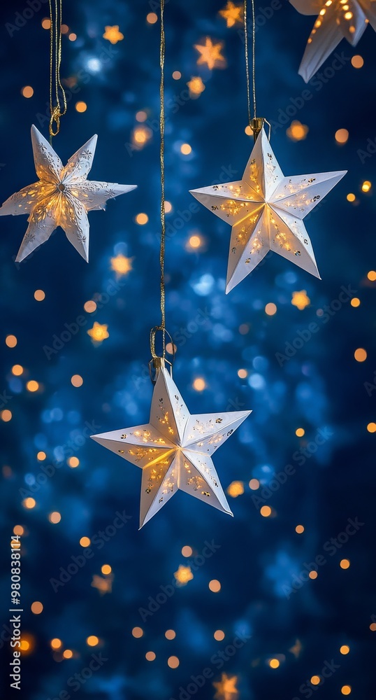 Decorative hanging stars illuminated against a dark blue background during the festive season Decorative hanging stars illuminated against a dark blue background during the festive season