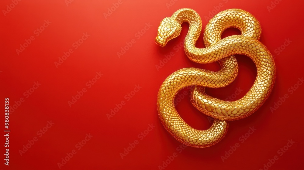 Gold snake artfully displayed on a minimalist red canvas Gold snake artfully displayed on a minimalist red canvas