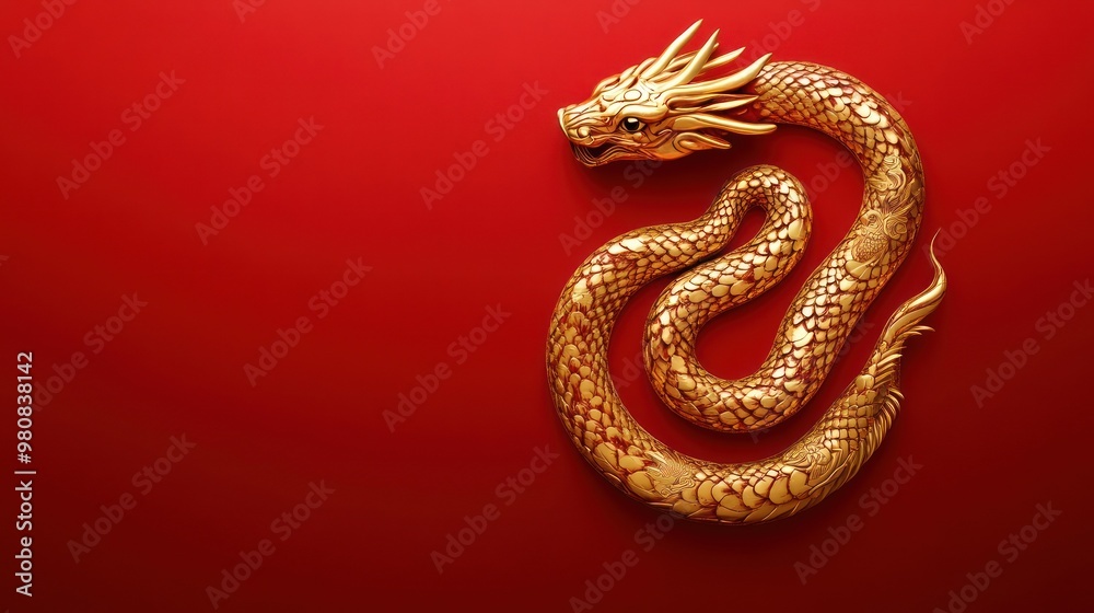 Dragon-like golden snake coiled on red background. Dragon-like golden snake coiled on red background.