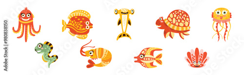 Sea Mammal and Underwater Cute Animal Swim in Ocean Vector Set