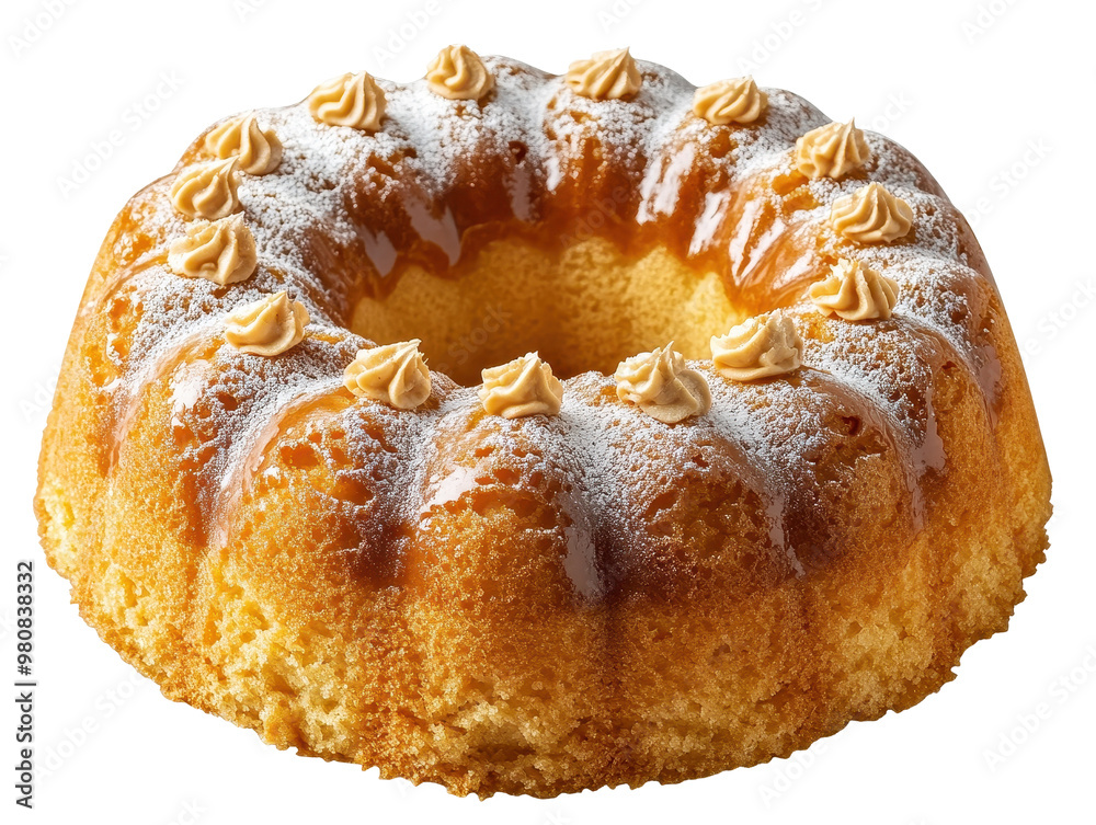 Bundt cake with caramel drizzle and cream swirls on transparent background