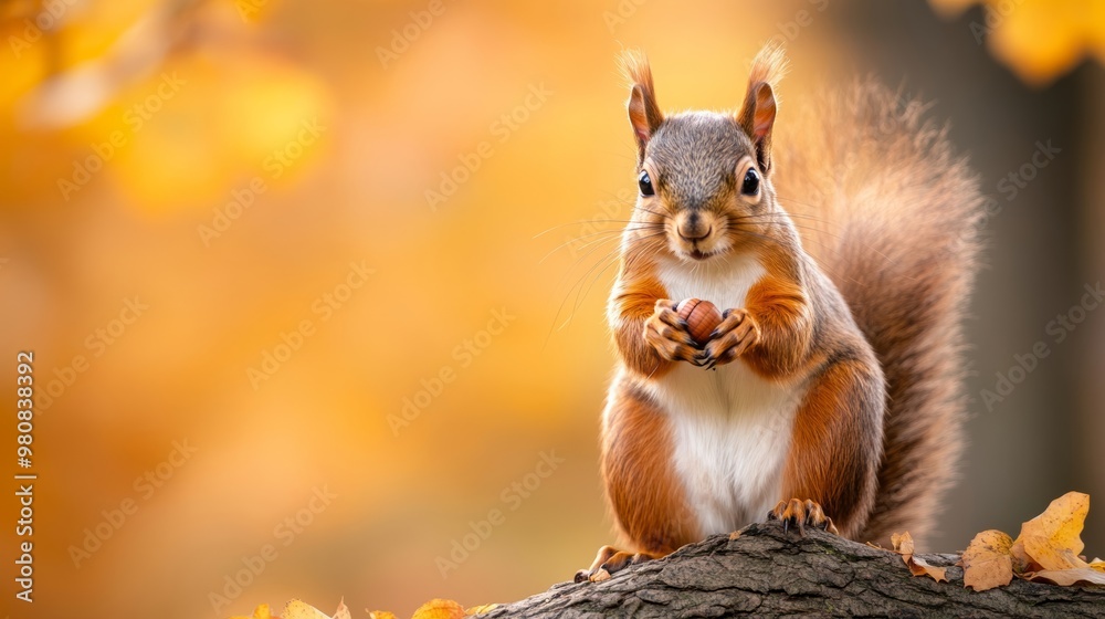 Squirrel collecting acorns on a tree branch in an autumn park, with colorful leaves and a soft background Squirrel collecting acorns on a tree branch in an autumn park, with colorful leaves and a soft background