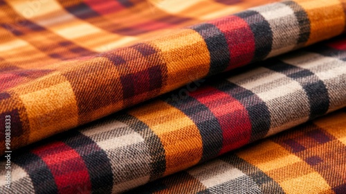 Soft Thanksgiving flannel fabric in a mix of plaid and leaf patterns, warm tones of orange, red, and brown 
