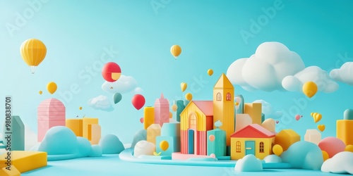 A vibrant 3D illustration of a colorful cityscape with balloons and fluffy clouds against a bright blue sky.