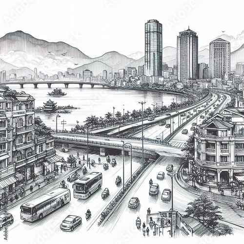city street in the city, sketch Ha Noi city isolated in the white background