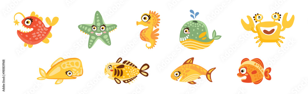 Sea Mammal and Underwater Cute Animal Swim in Ocean Vector Set