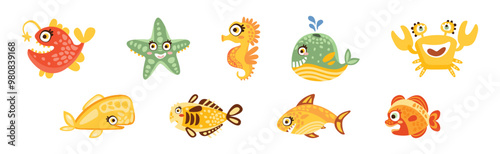 Sea Mammal and Underwater Cute Animal Swim in Ocean Vector Set