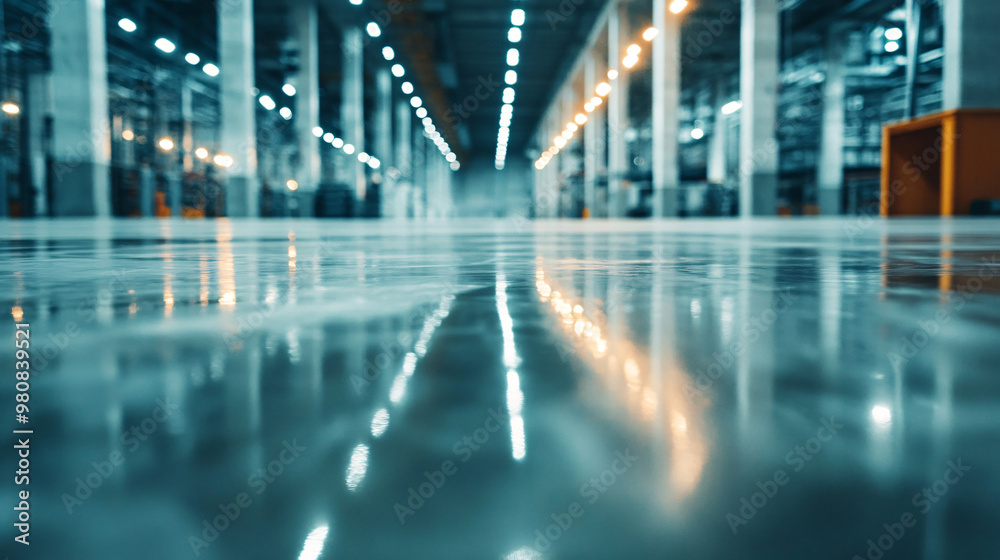 Polished concrete floor reflecting lights in an empty warehouse or logistics center Polished concrete floor reflecting lights in an empty warehouse or logistics center