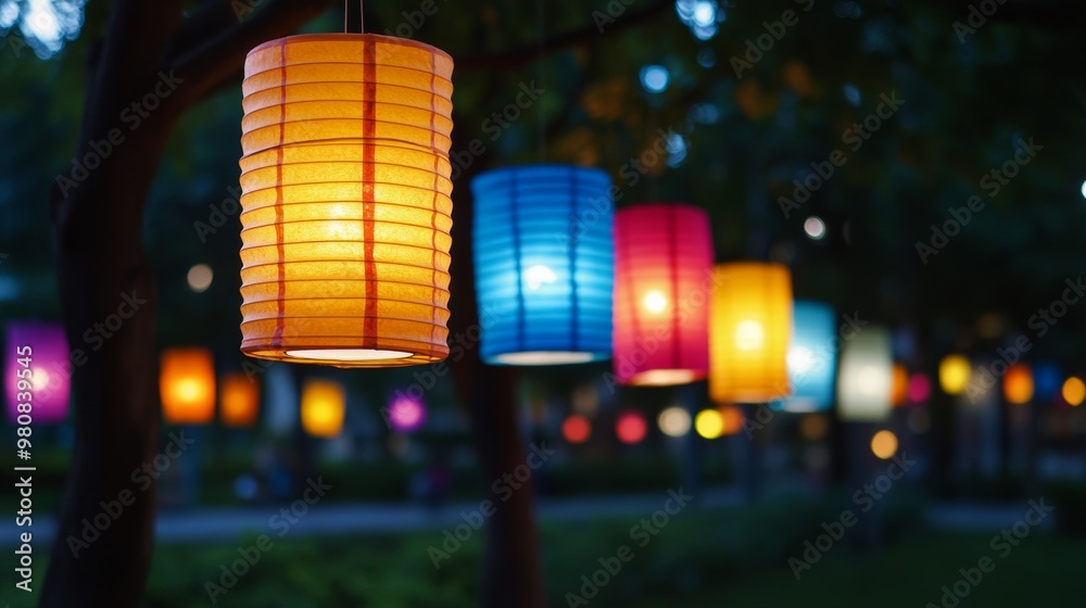Traditional lanterns made of colorful paper hanging from trees in a park, glowing warmly during a Festival of Lights celebration Traditional lanterns made of colorful paper hanging from trees in a park, glowing warmly during a Festival of Lights celebration