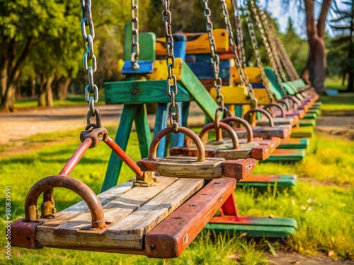 Colorful, rustic teeter-totter sits empty on a sunny afternoon, its worn wooden slats and rusty chains waiting for