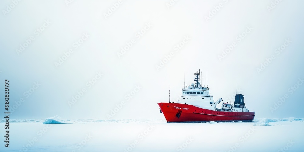 A vibrant red ship navigates through a serene icy landscape, showcasing the beauty of remote Arctic exploration.