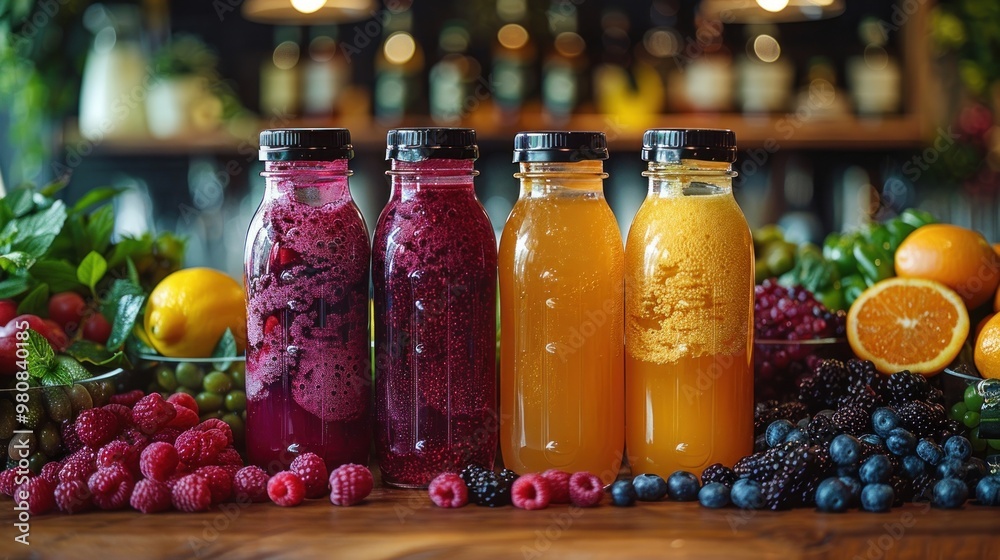Colorful array of fresh fruit juices displayed on a wooden counter surrounded by vibrant fruits and herbs. Generative AI Colorful array of fresh fruit juices displayed on a wooden counter surrounded by vibrant fruits and herbs. Generative AI
