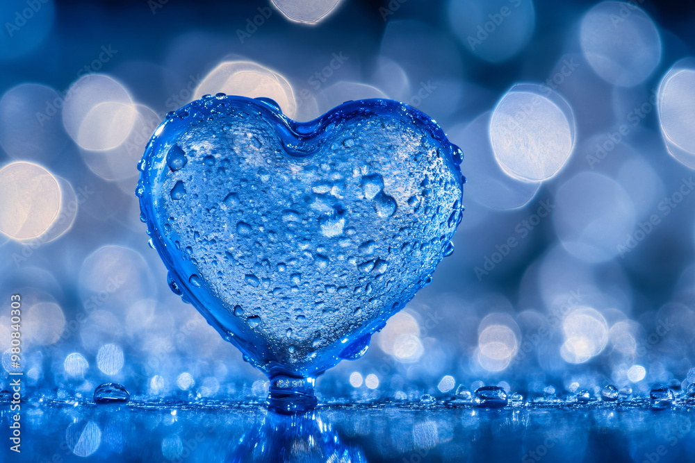 Fototapeta premium Heart shape made of soap foam or water splash with bubbles on blue bokeh background. Spa beauty treatment. Hygiene, hydration, healthcare. Water conservation. World Water Day