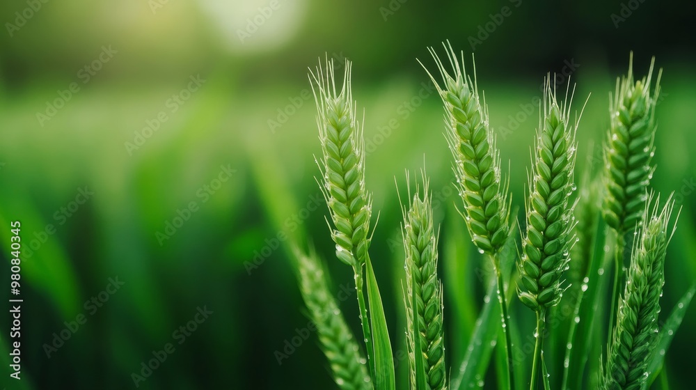 Wheat stalks bending under the weight of morning dew, soft light and a blurred green background Wheat stalks bending under the weight of morning dew, soft light and a blurred green background