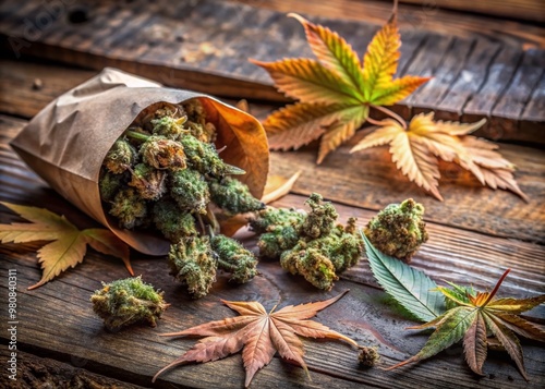 Freshly harvested cannabis buds spill out of a paper bag onto a rustic wooden surface, surrounded by natural elements like earthy stones and fallen leaves.