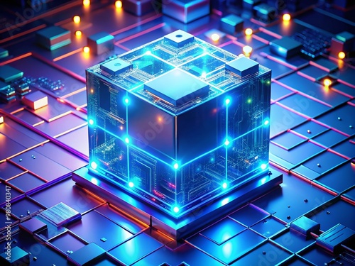 Colorful 3D robotic cube composed of smaller cubes, glowing bright blue, surrounded by futuristic neon lights and