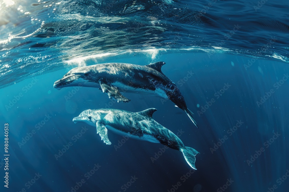 Obraz premium Underwater View of Dolphins Swimming in the Deep Blue Ocean