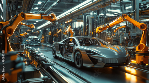 Modern car factory with robotic arms working on a sports car on the production line