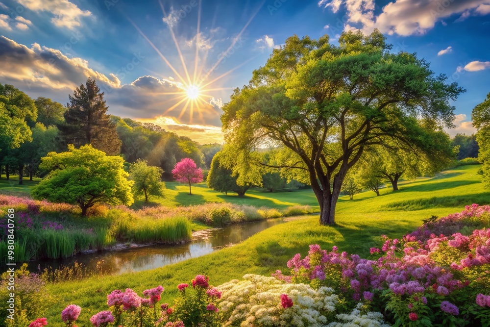 Obraz premium Vibrant summer landscape features lush greenery, swaying trees, and delicate blooming flowers bathed in warm, golden sunlight, exuding serenity and natural beauty.