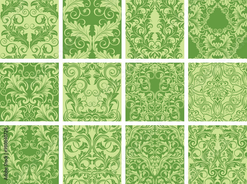 A collection of ornamental patterns in shades of green, showcasing intricate floral designs suitable for various graphic applications.