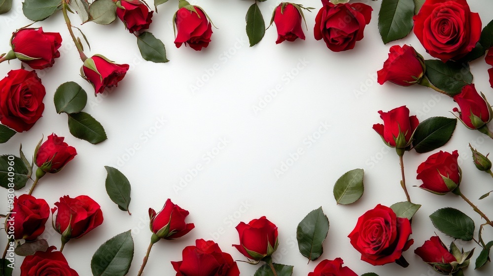 A beautiful arrangement of red roses creating a heart shape on a white background A beautiful arrangement of red roses creating a heart shape on a white background