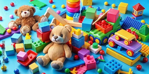 Colorful assortment of playful toys scattered on a bright blue background, featuring plastic blocks, stuffed animals,