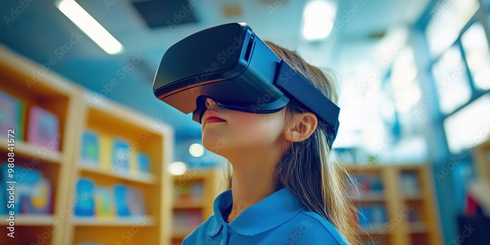 Child exploring virtual reality in a modern library, showcasing technology and learning in an engaging environment. Child exploring virtual reality in a modern library, showcasing technology and learning in an engaging environment.