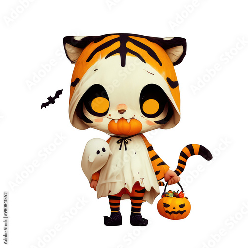 Adorable cartoon character dressed as a tiger for Halloween, featuring a pumpkin and ghost, perfect for festive designs, PNG, transparent, No background photo